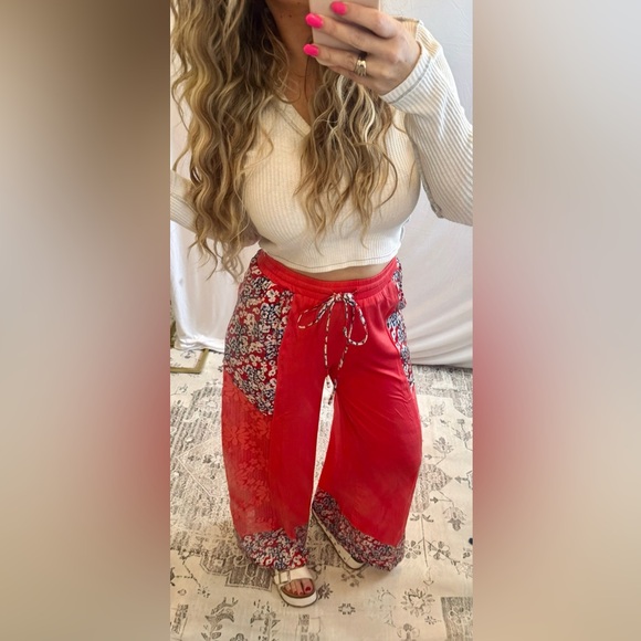 NWT POL Clothing Tomato Contrast Lace Boho Print Drawstring Wide Leg Pants - Picture 3 of 5